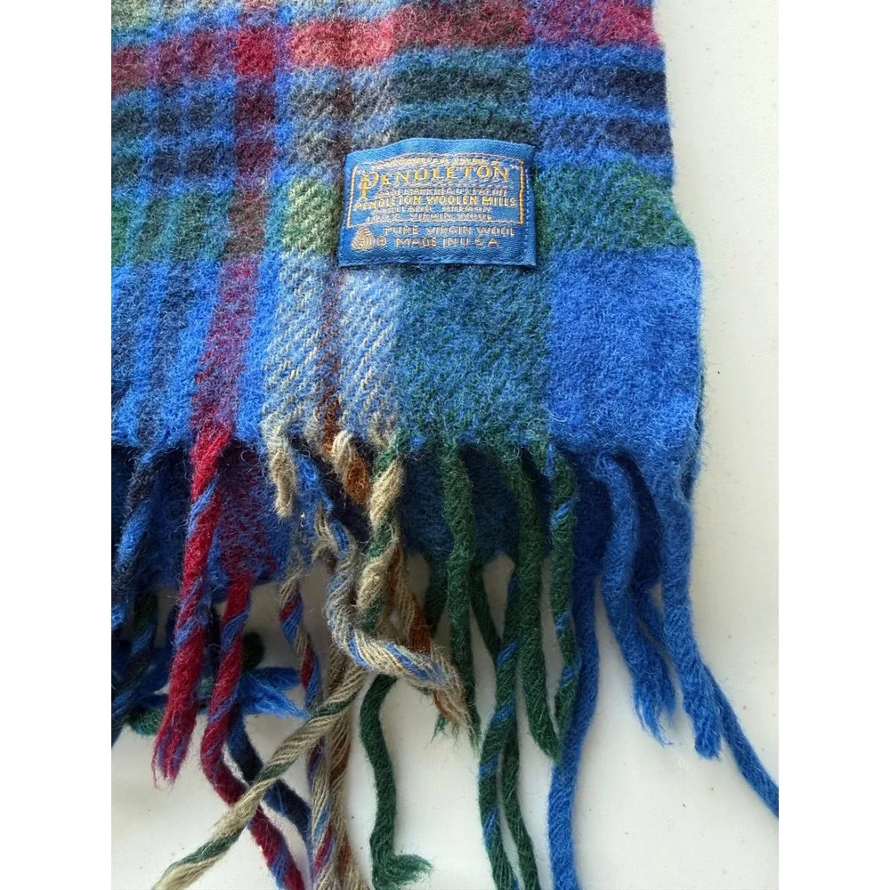 Vtg Pendleton Virgin Wool Throw Blanket Fringe Blue Green Tartan Plaid 54x68